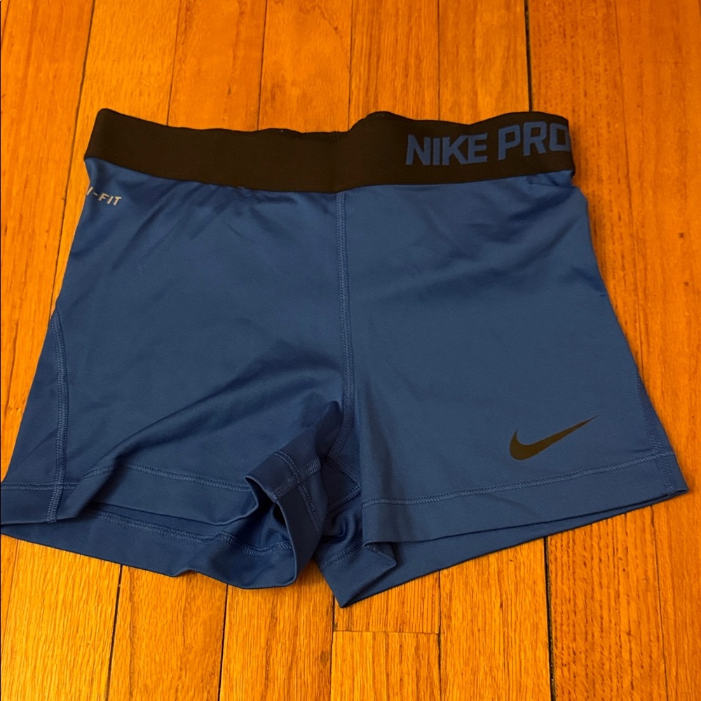 Nike Pro Blue Athletic Compression Shorts with Black Waistband